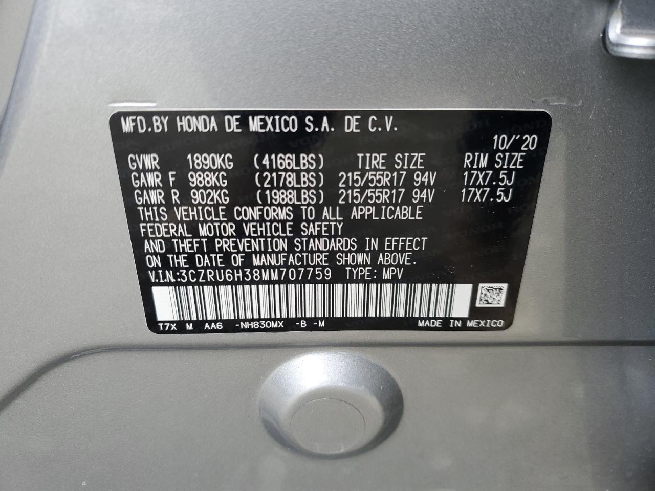 VIN 3CZRU6H38MM707759 2021 HONDA HR-V no.14