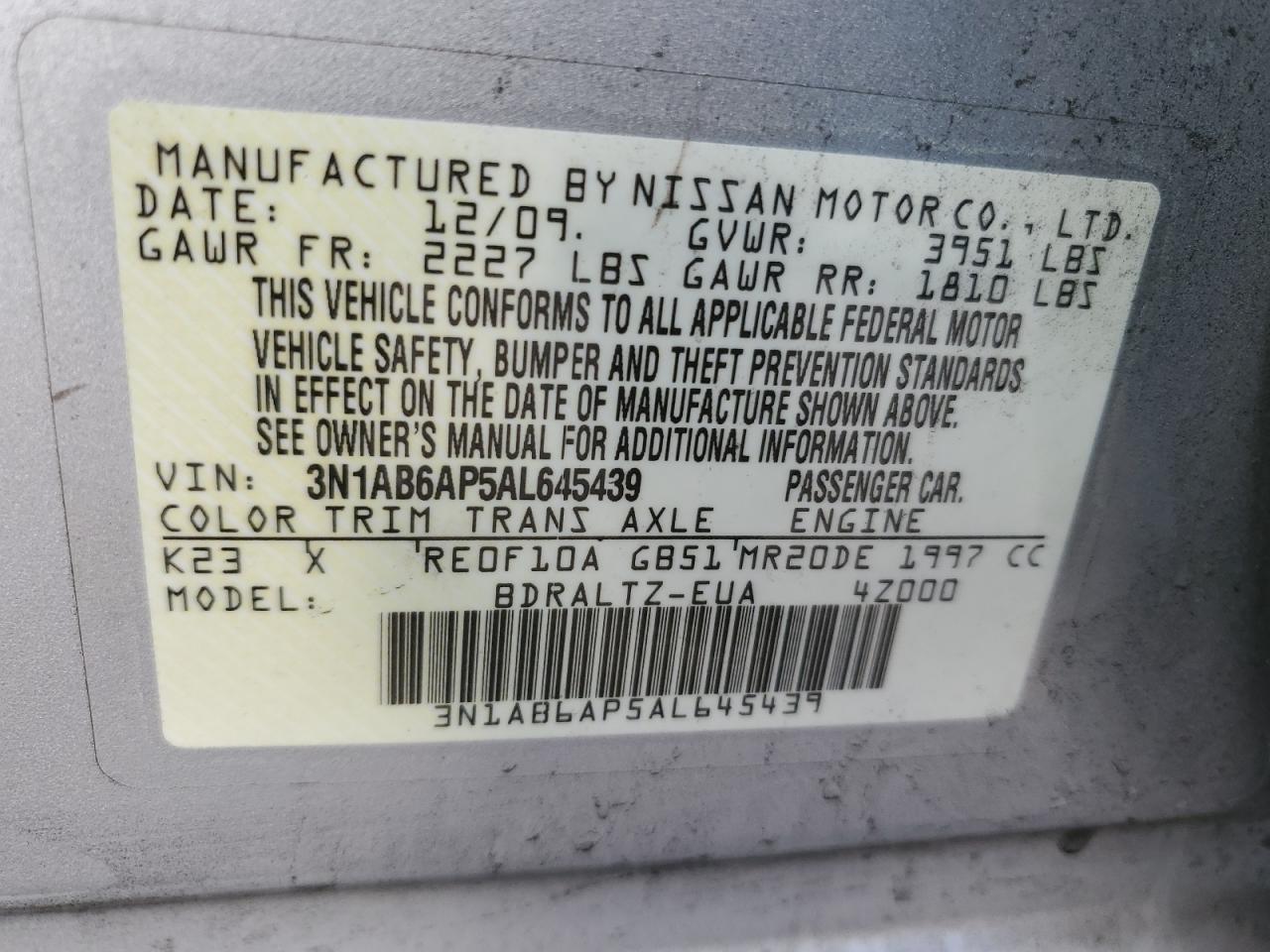 2010 Nissan Sentra VIN: 3N1AB6AP541645439 Lot: 78865894