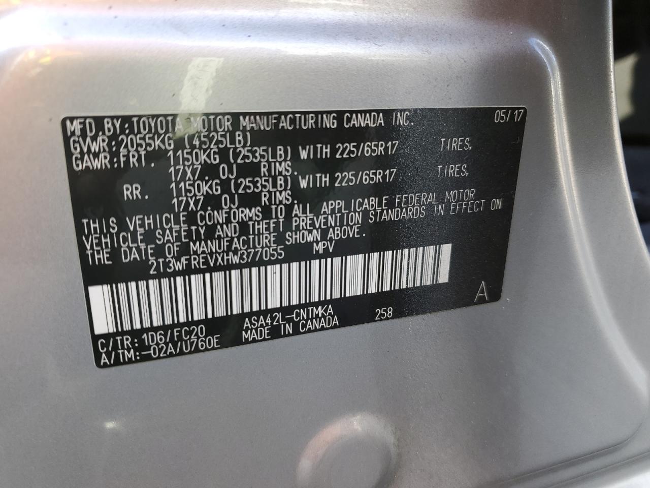 2T3WFREVXHW377055 TOYOTA RAV4 2017