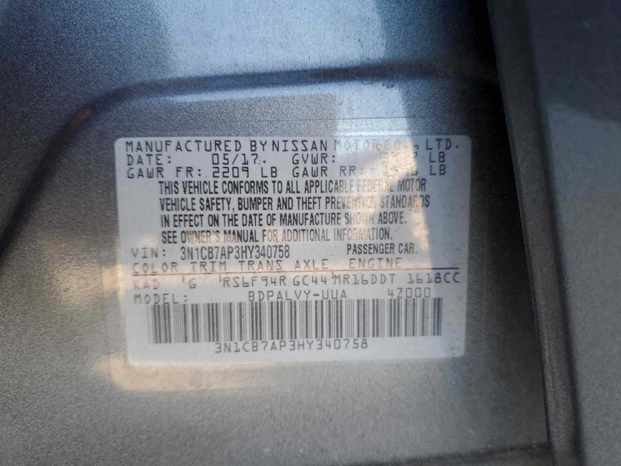 VIN 3N1CB7AP3HY340758 2017 NISSAN SENTRA no.12