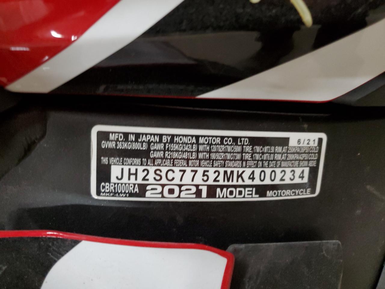 2021 Honda Cbr1000 Ra VIN: JH2SC7752MK400234 Lot: 80314634