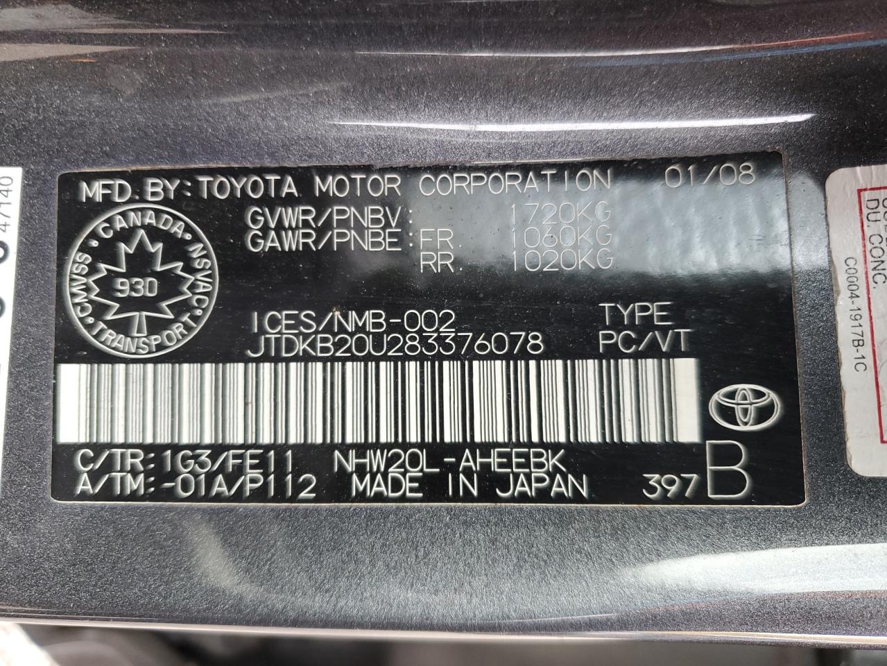 2008 Toyota Prius VIN: JTDKB20U283376078 Lot: 79267674