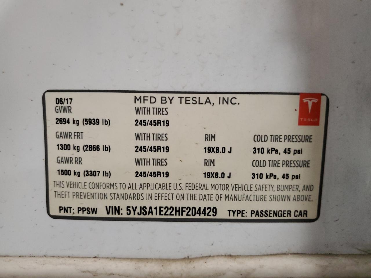 2017 Tesla Model S VIN: 5YJSA1E22HF204429 Lot: 80743684