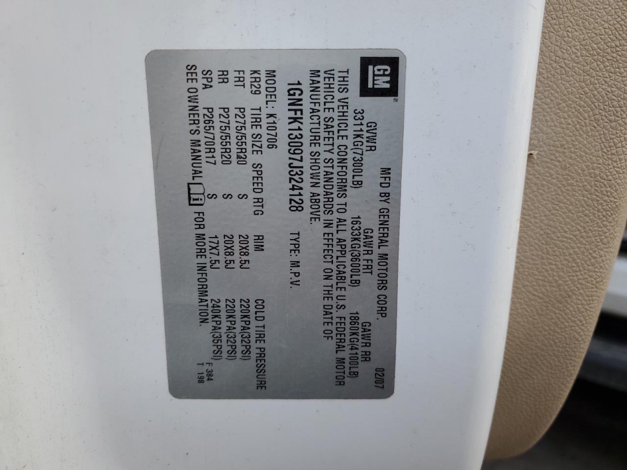 2007 Chevrolet Tahoe K1500 VIN: 1GNFK13097J324128 Lot: 81937114