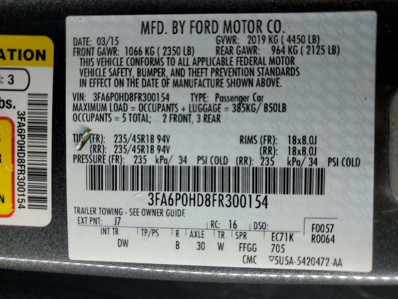 VIN 3FA6P0HD8FR300154 2015 FORD FUSION no.12