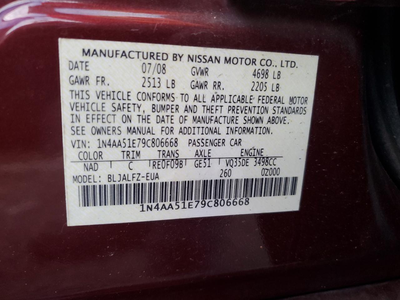 2009 Nissan Maxima S VIN: 1N4AA51E79C806668 Lot: 79399904