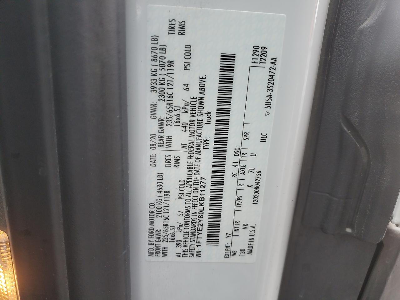 1FTYE2Y80LKB11277 FORD TRANSIT 2020