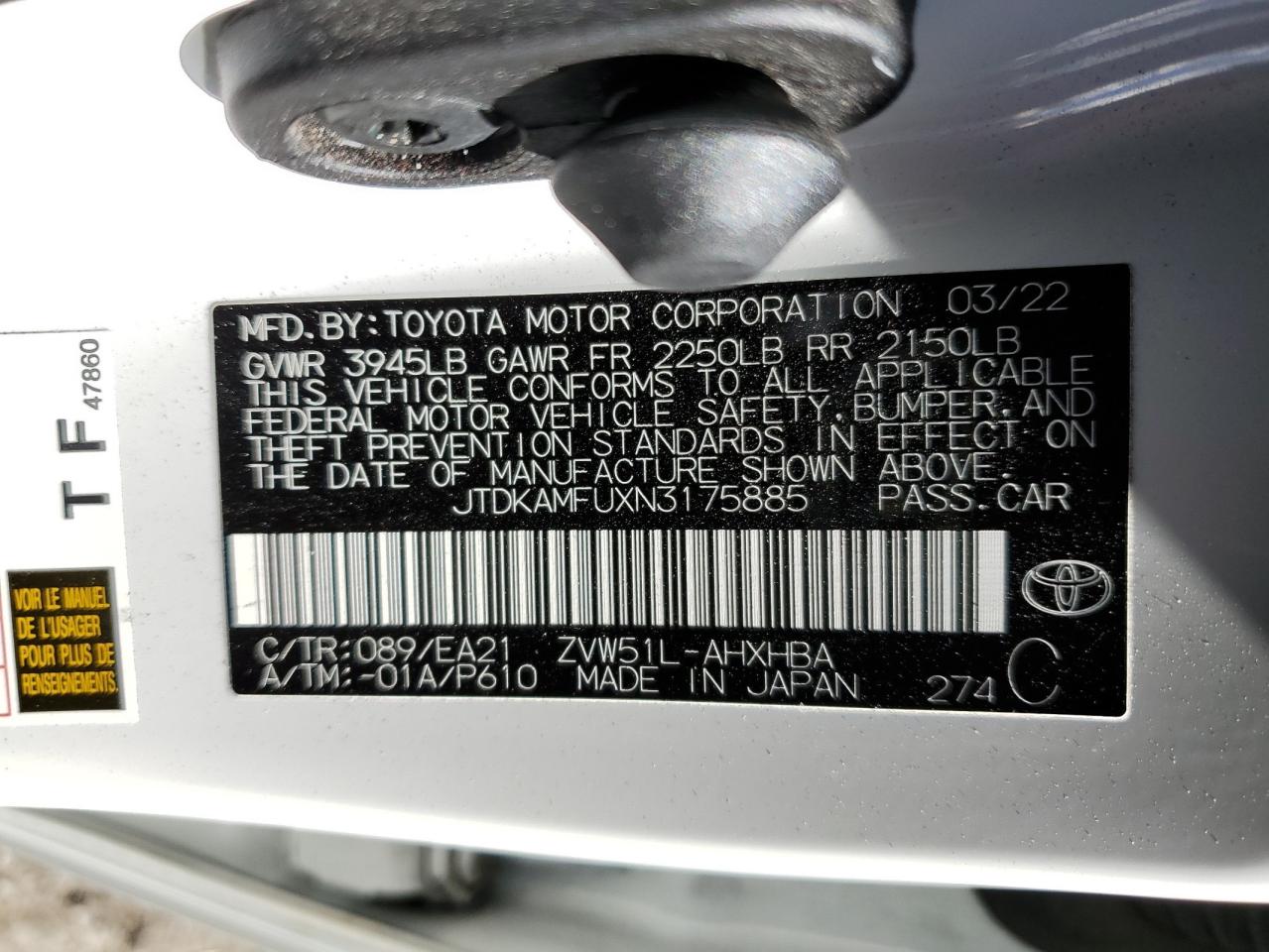 2022 Toyota Prius Night Shade VIN: JTDKAMFUXN3175885 Lot: 80146764