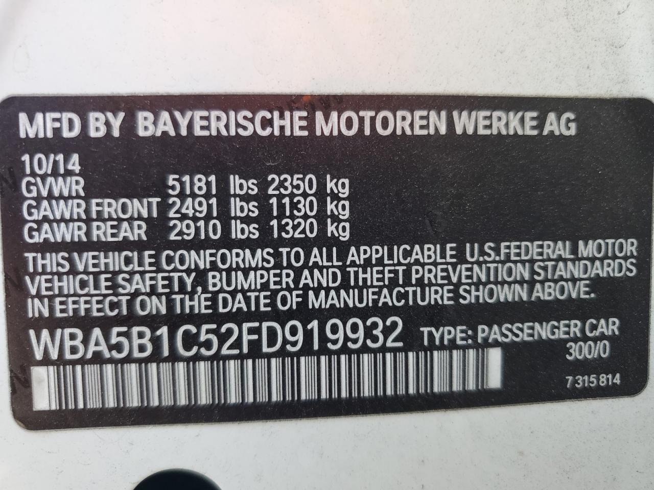 2015 BMW 535 I VIN: WBA5B1C52FD919932 Lot: 79519024