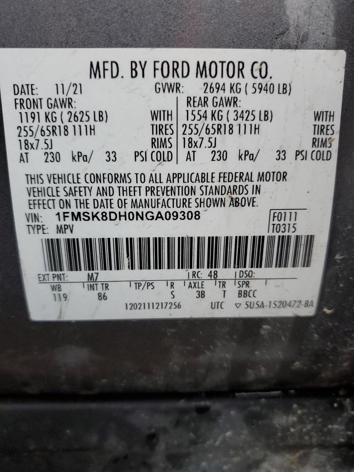 2022 Ford Explorer Xlt VIN: 1FMSK8DH0NGA09308 Lot: 81943144