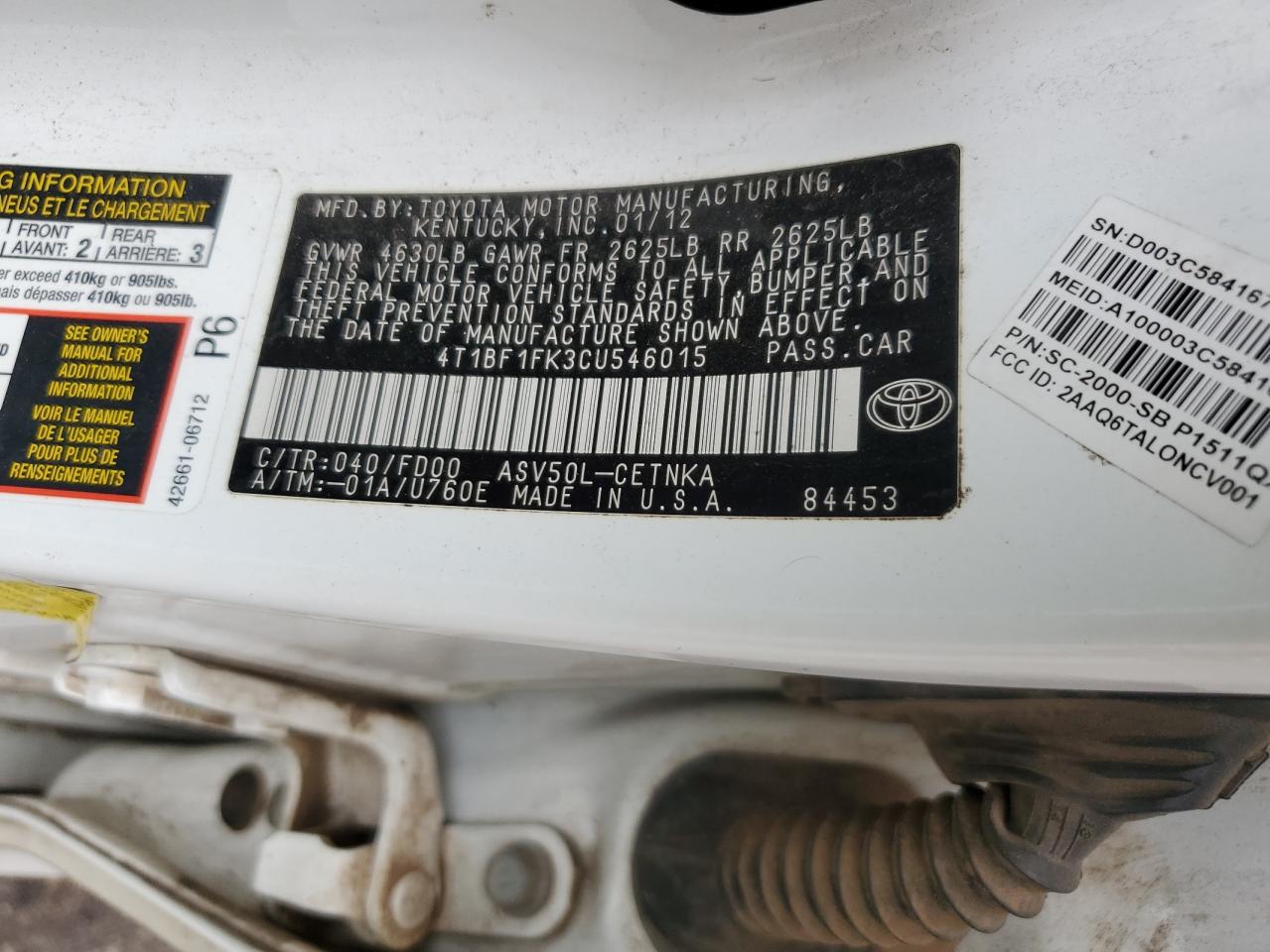 4T1BF1FK3CU546015 2012 Toyota Camry Base