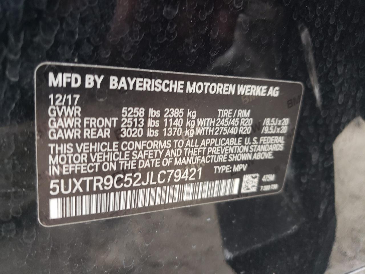 VIN 5UXTR9C52JLC79421 2018 BMW X3 no.14