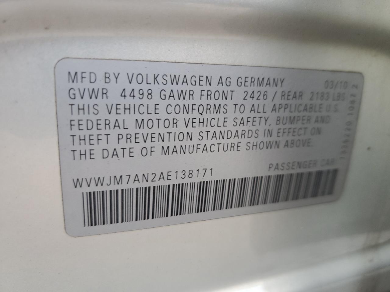 2010 Volkswagen Passat Komfort VIN: WVWJM7AN2AE138171 Lot: 77907694