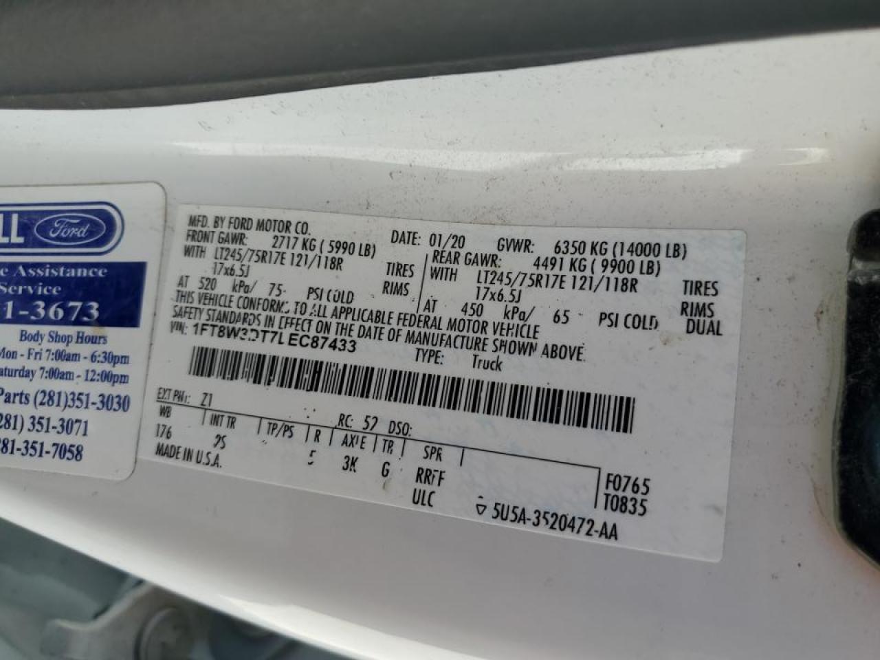 2020 Ford F350 Super Duty VIN: 1FT8W3DT7LEC87433 Lot: 77105384