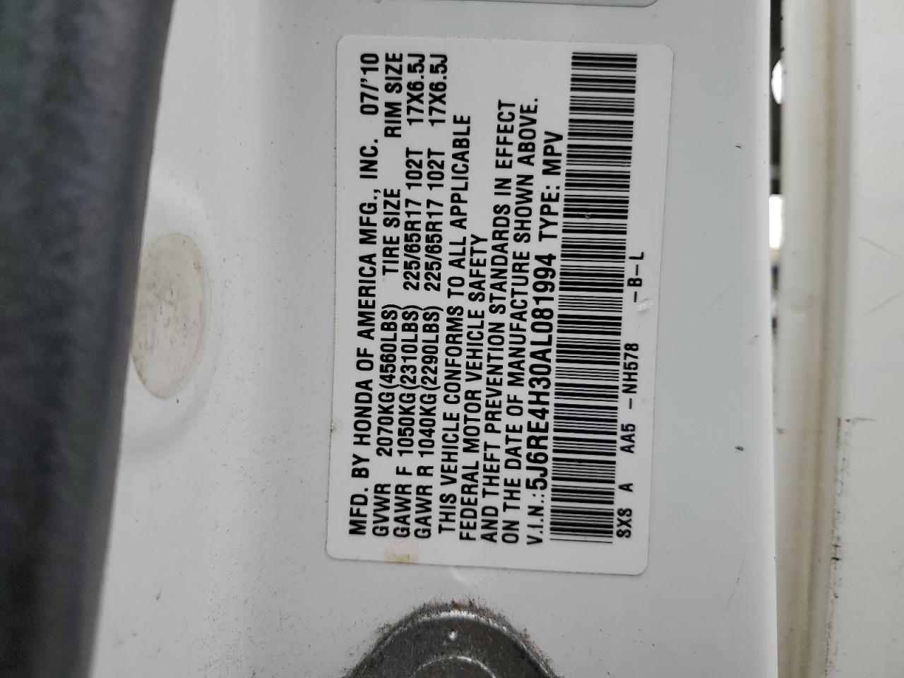 2010 Honda Cr-V Lx VIN: 5J6RE4H30AL081994 Lot: 82194364