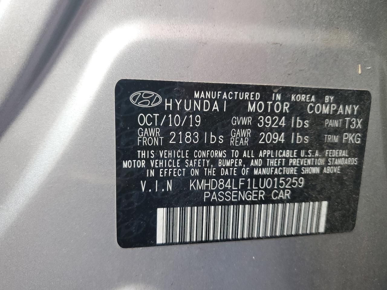 2020 Hyundai Elantra Sel VIN: KMHD84LF1LU015259 Lot: 80794004