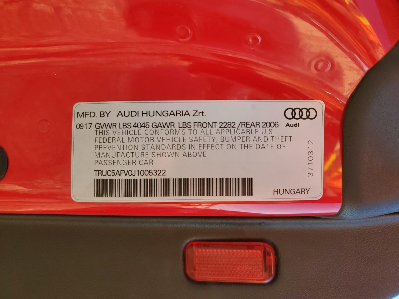 2018 Audi Tt VIN: TRUC5AFV0J1005322 Lot: 80518664