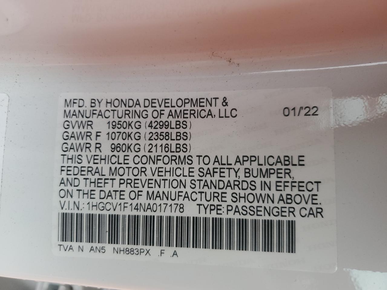 2022 Honda Accord Lx VIN: 1HGCV1F14NA017178 Lot: 79049164