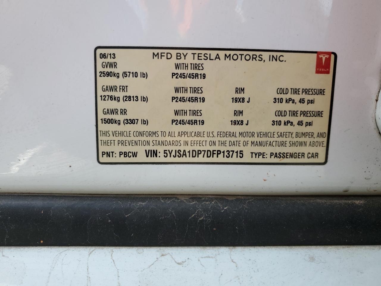 2013 Tesla Model S VIN: 5YJSA1DP7DFP13715 Lot: 78268804