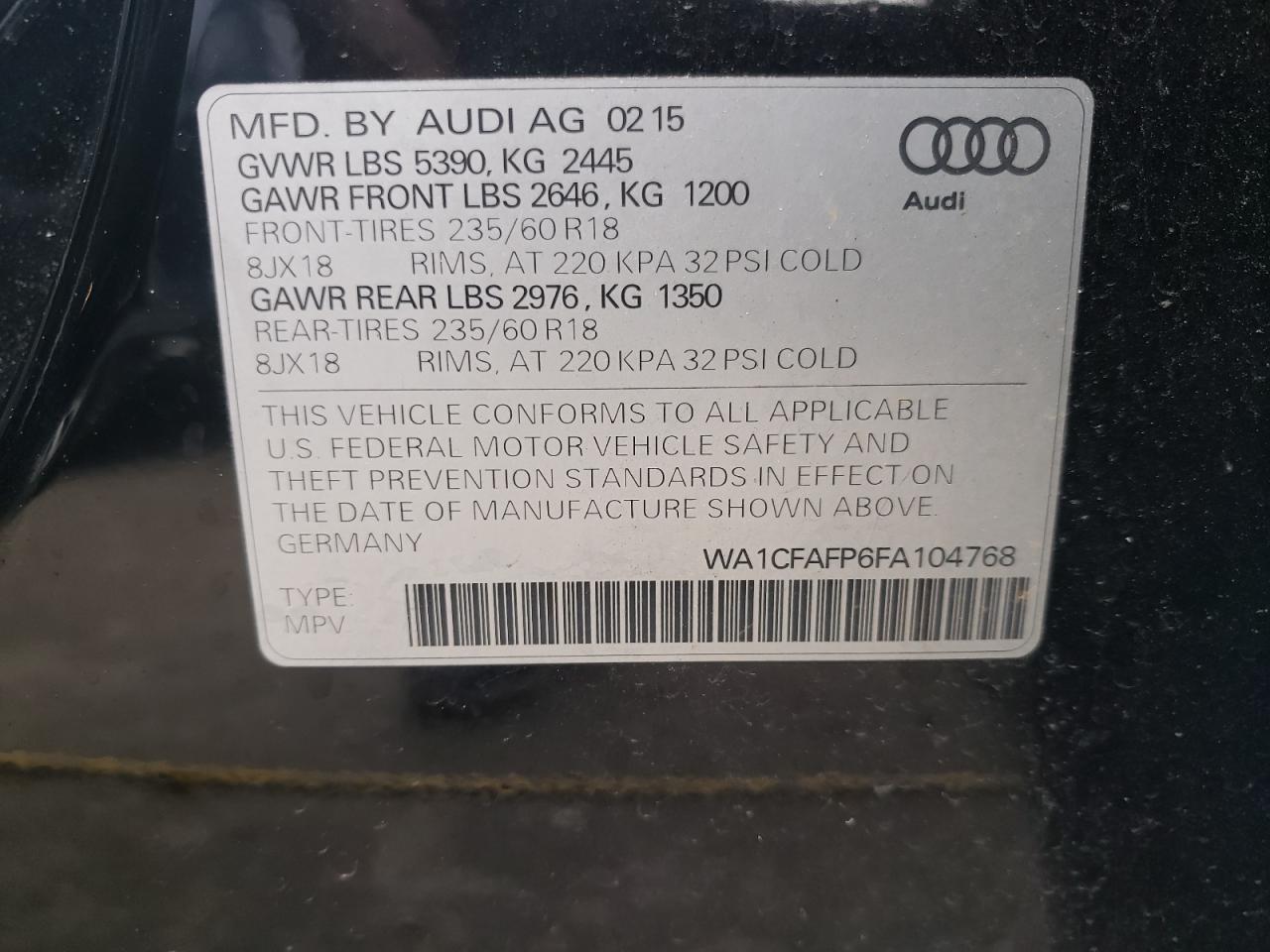 2015 Audi Q5 Premium VIN: WA1CFAFP6FA104768 Lot: 79753524