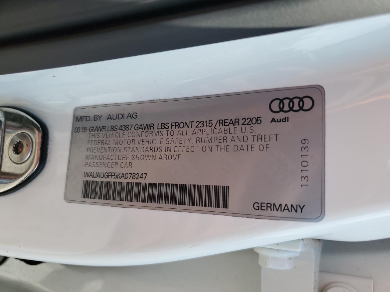 2019 Audi A3 Premium VIN: WAUAUGFF5KA078247 Lot: 79171564