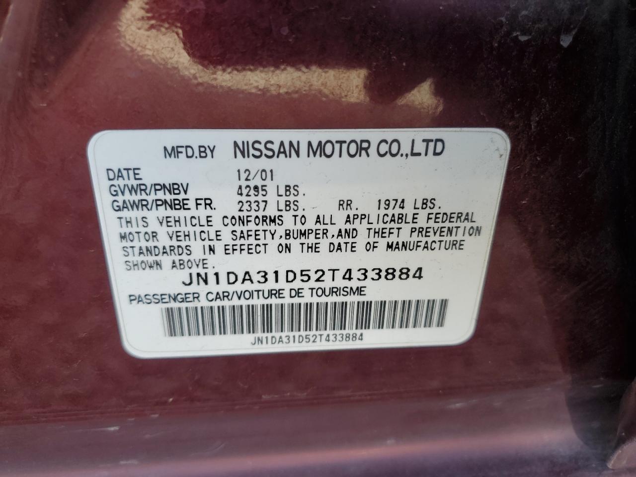 2002 Nissan Maxima Gle VIN: JN1DA31D52T433884 Lot: 79312484