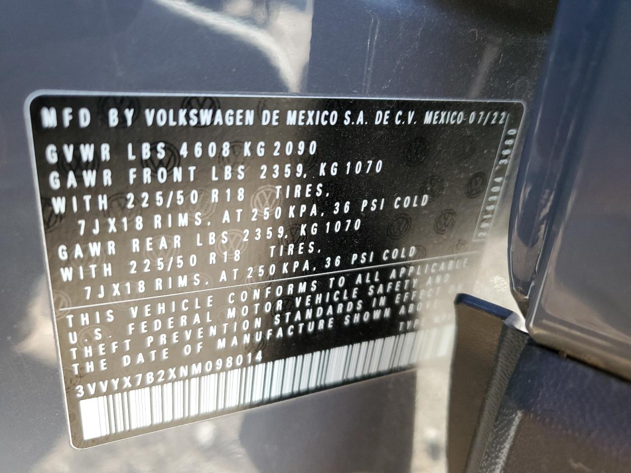 2022 Volkswagen Taos Se VIN: 3VVYX7B2XNM098014 Lot: 80497574