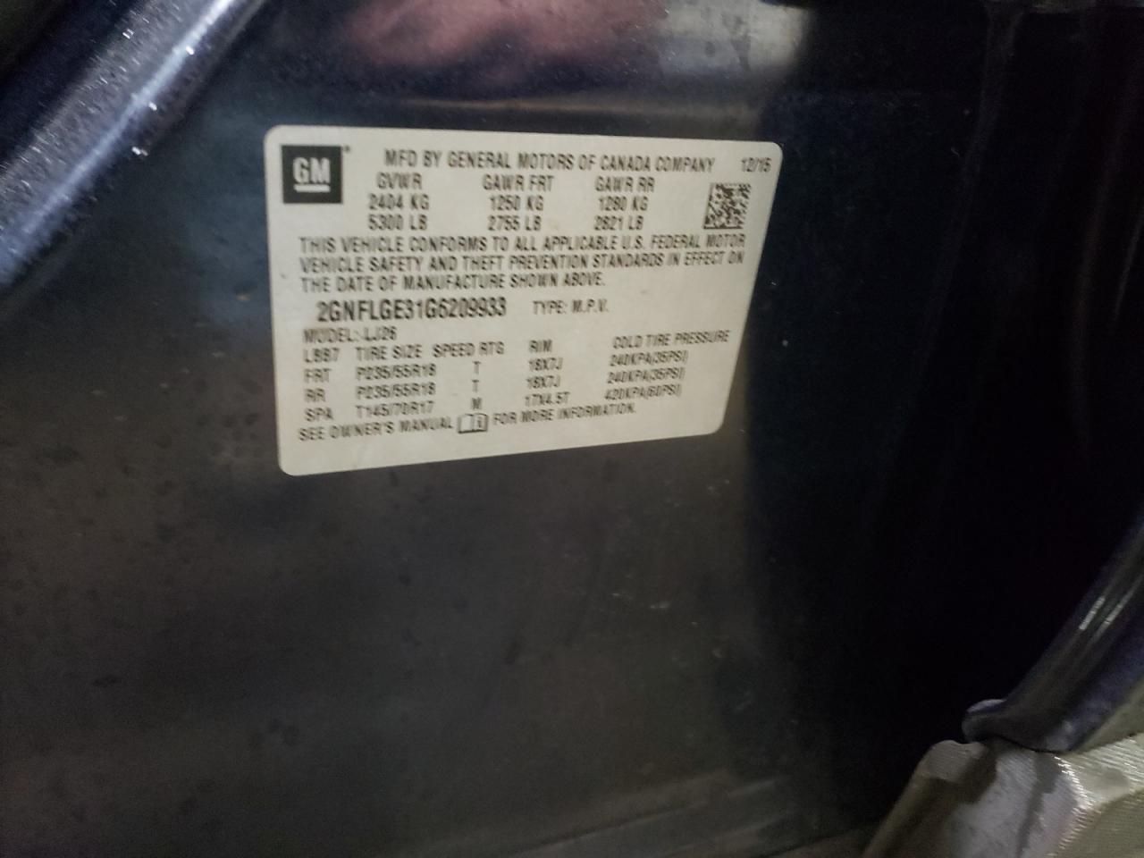 2016 Chevrolet Equinox Ltz VIN: 2GNFLGE31G6209933 Lot: 82044744