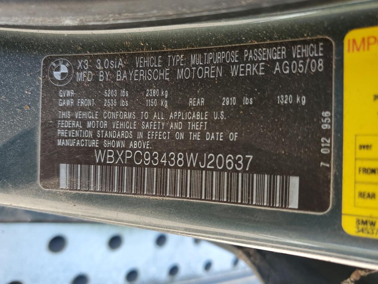 2008 BMW X3 3.0Si VIN: WBXPC93438WJ20637 Lot: 80959244