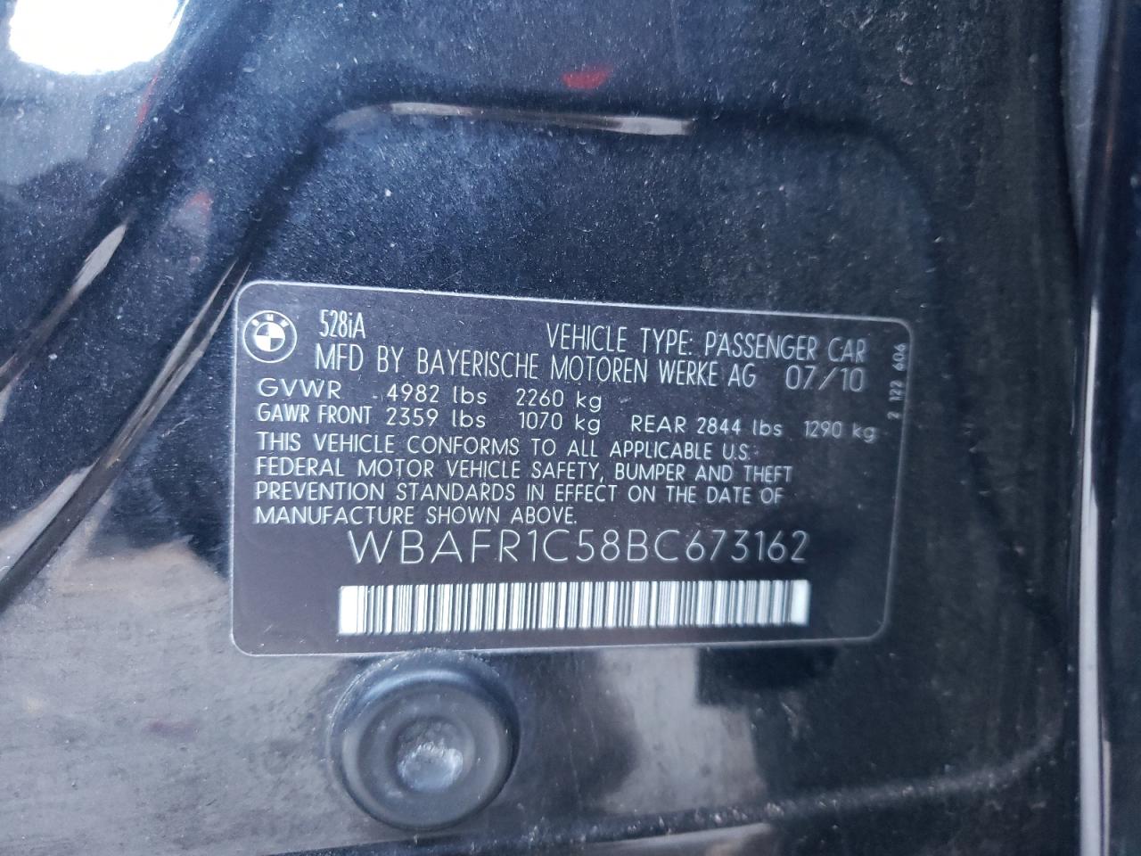 2011 BMW 528 I VIN: WBAFR1C58BC673162 Lot: 78074584