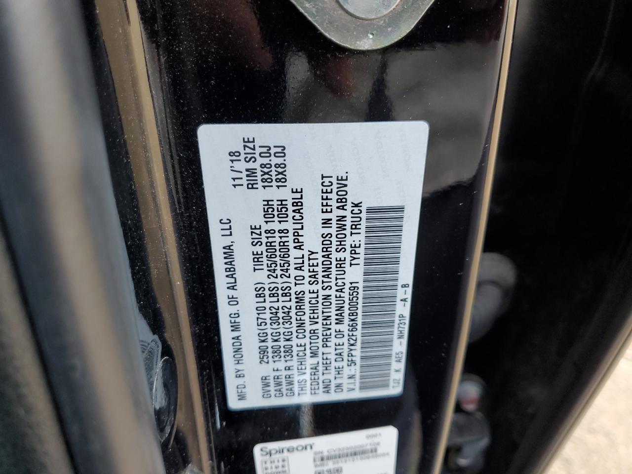 2019 Honda Ridgeline Rtl VIN: 5FPYK2F66KB005591 Lot: 82435504