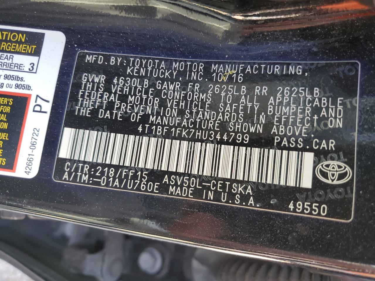 VIN 4T1BF1FK7HU344799 2017 TOYOTA CAMRY no.12