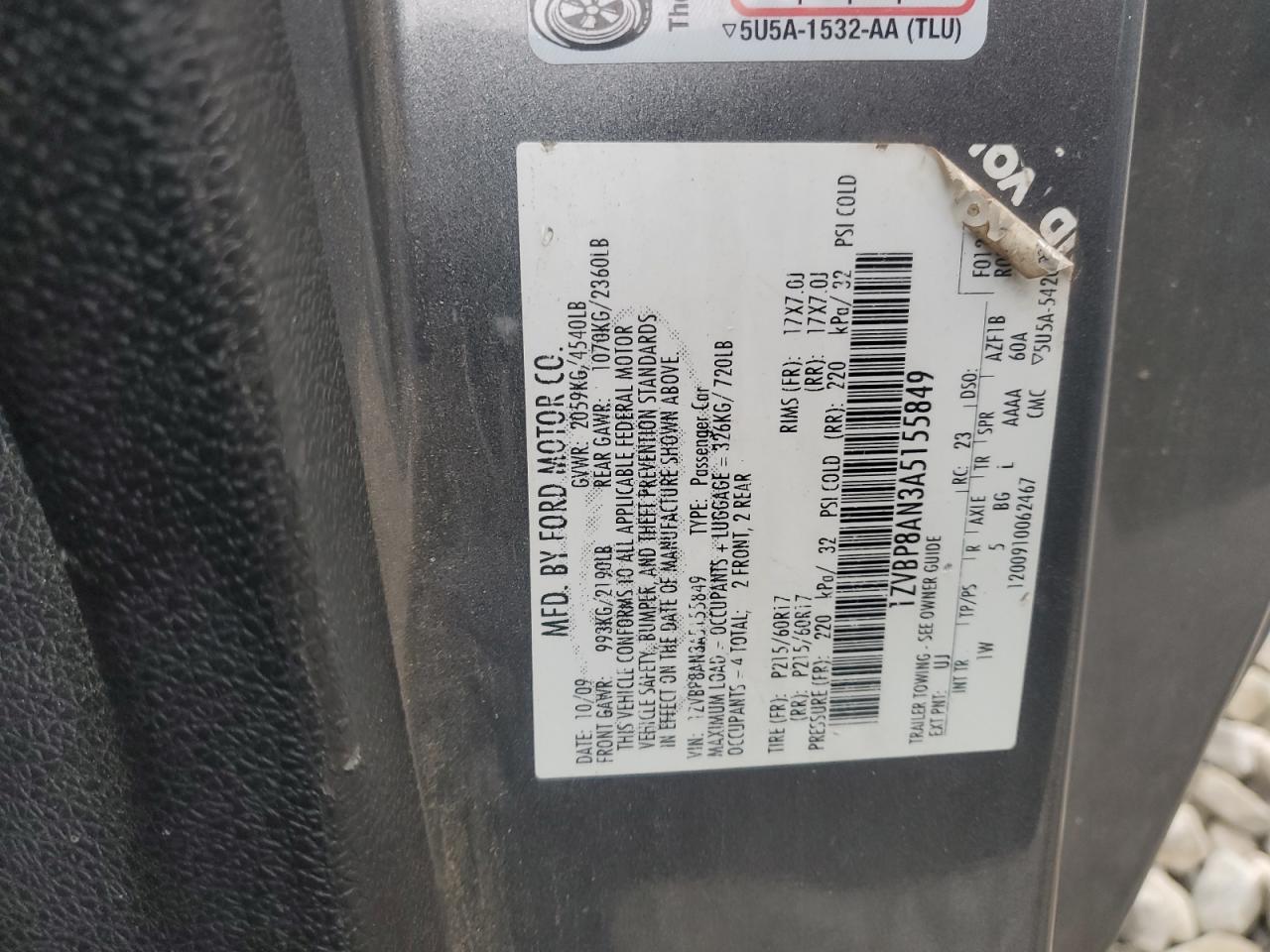 2010 Ford Mustang VIN: 1ZVBP8AN3A5155849 Lot: 82403944