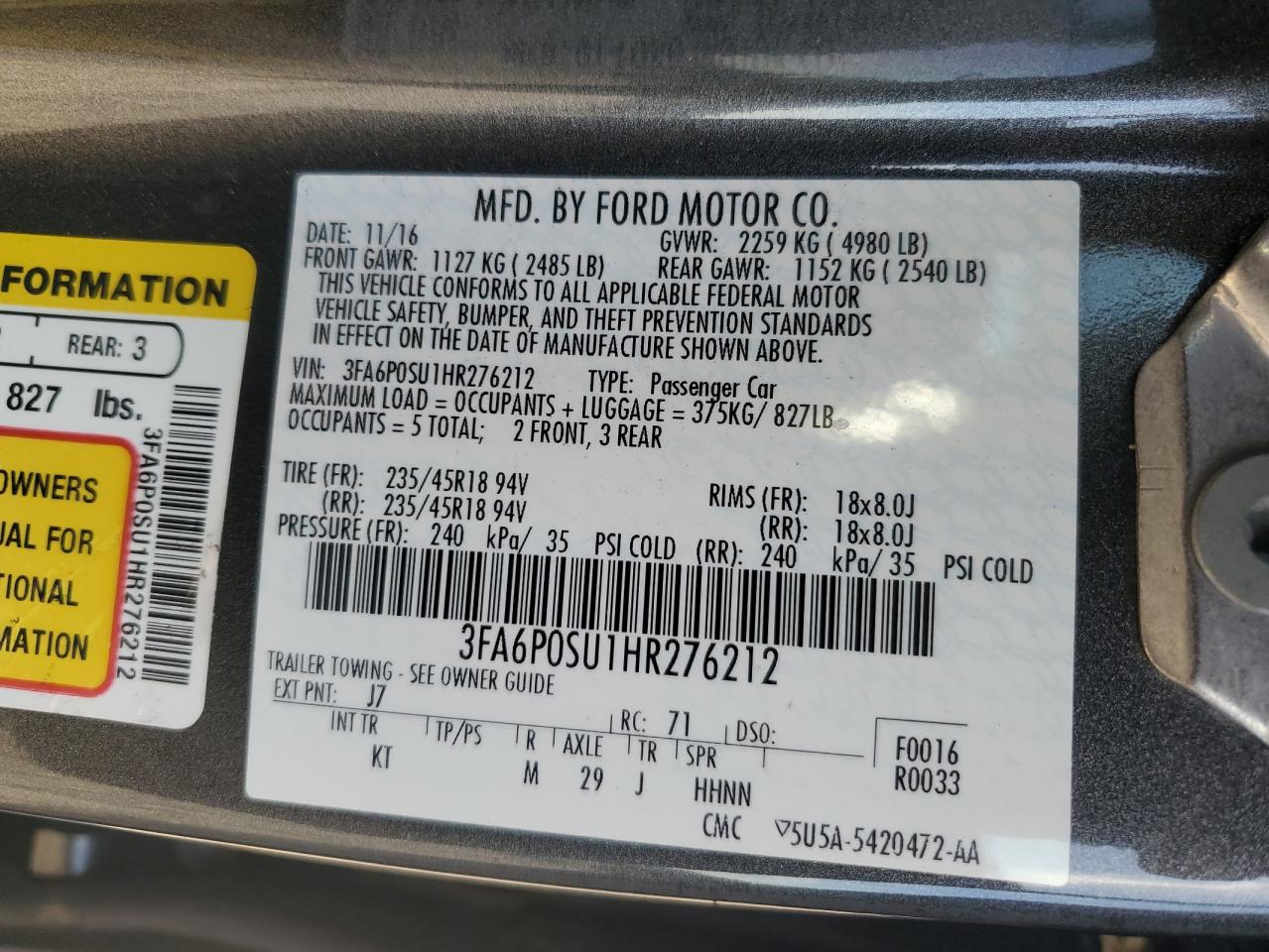 VIN 3FA6P0SU1HR276212 2017 FORD FUSION no.12