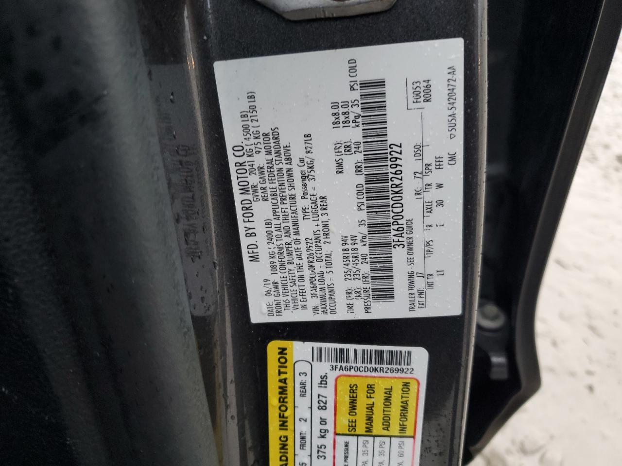 3FA6P0CD0KR269922 2019 FORD FUSION - Image 14