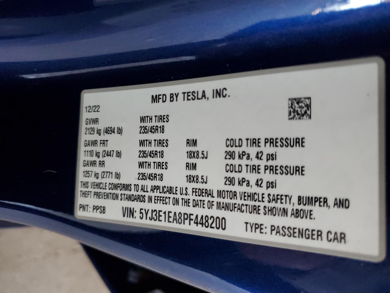 2023 Tesla Model 3 VIN: 5YJ3E1EA8PF448200 Lot: 80722814