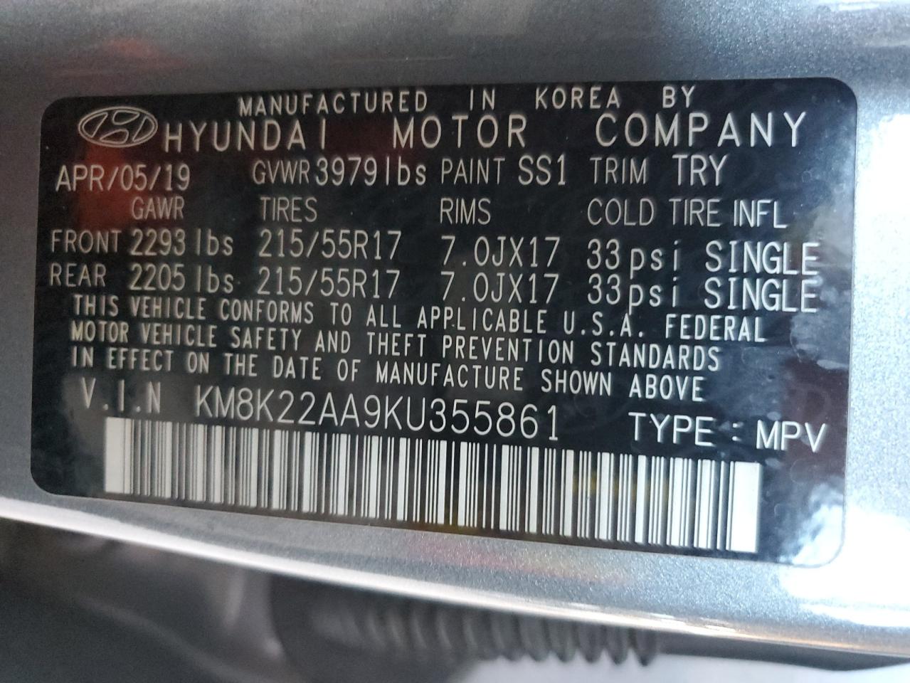 2019 Hyundai Kona Sel VIN: KM8K22AA9KU355861 Lot: 79864244