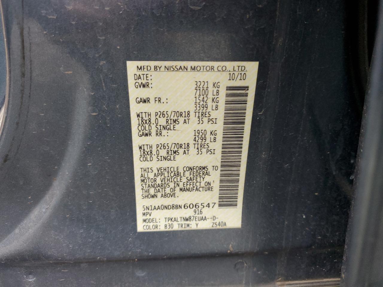 2011 Nissan Armada Sv VIN: 5N1AA0ND8BN606547 Lot: 81860114