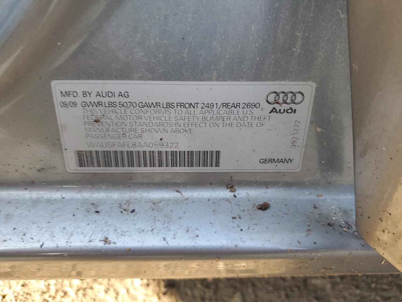 2010 Audi A4 Premium VIN: WAUSFAFL8AA059322 Lot: 80765634