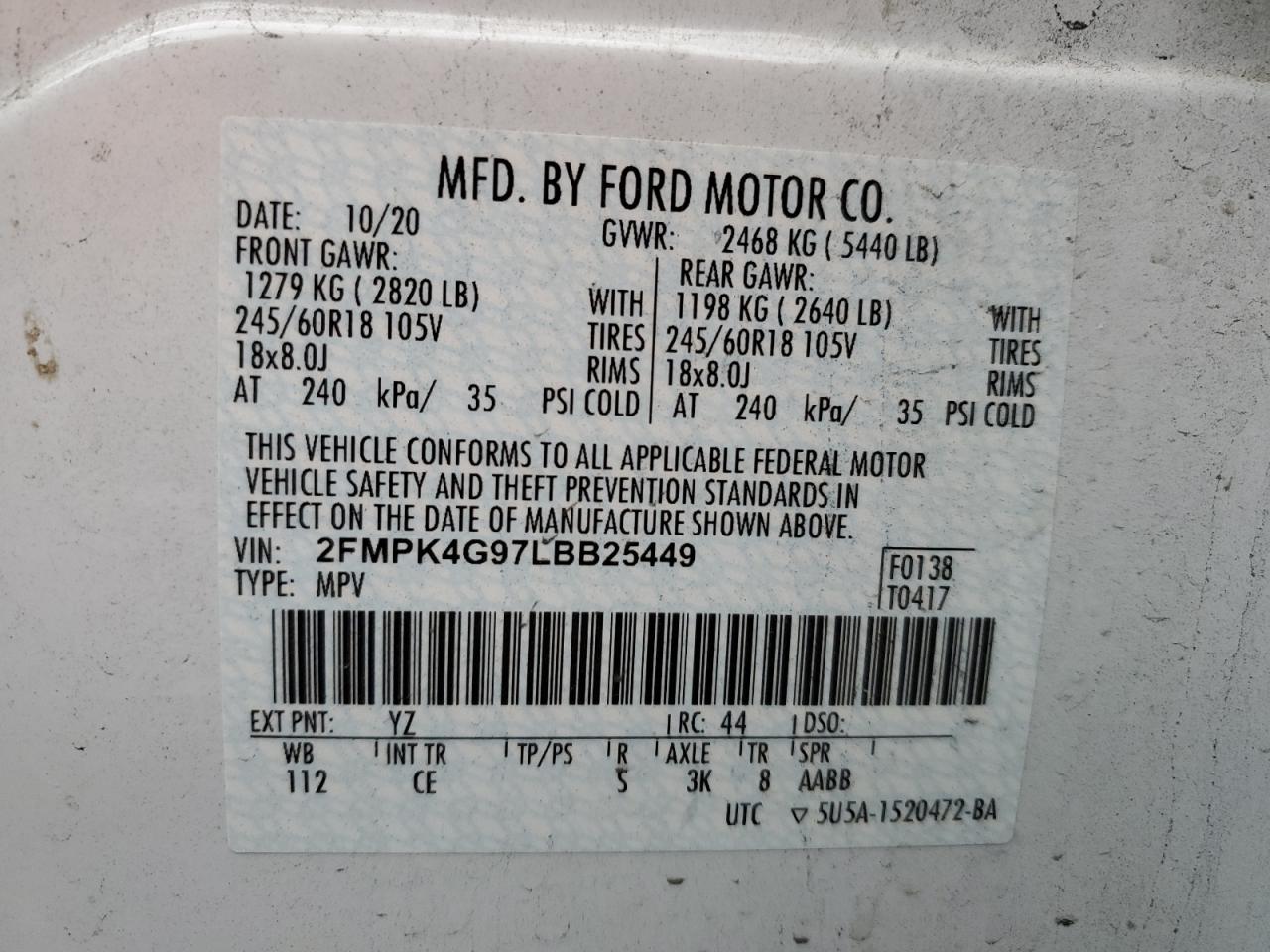 2020 Ford Edge Se VIN: 2FMPK4G97LBB25449 Lot: 80346384