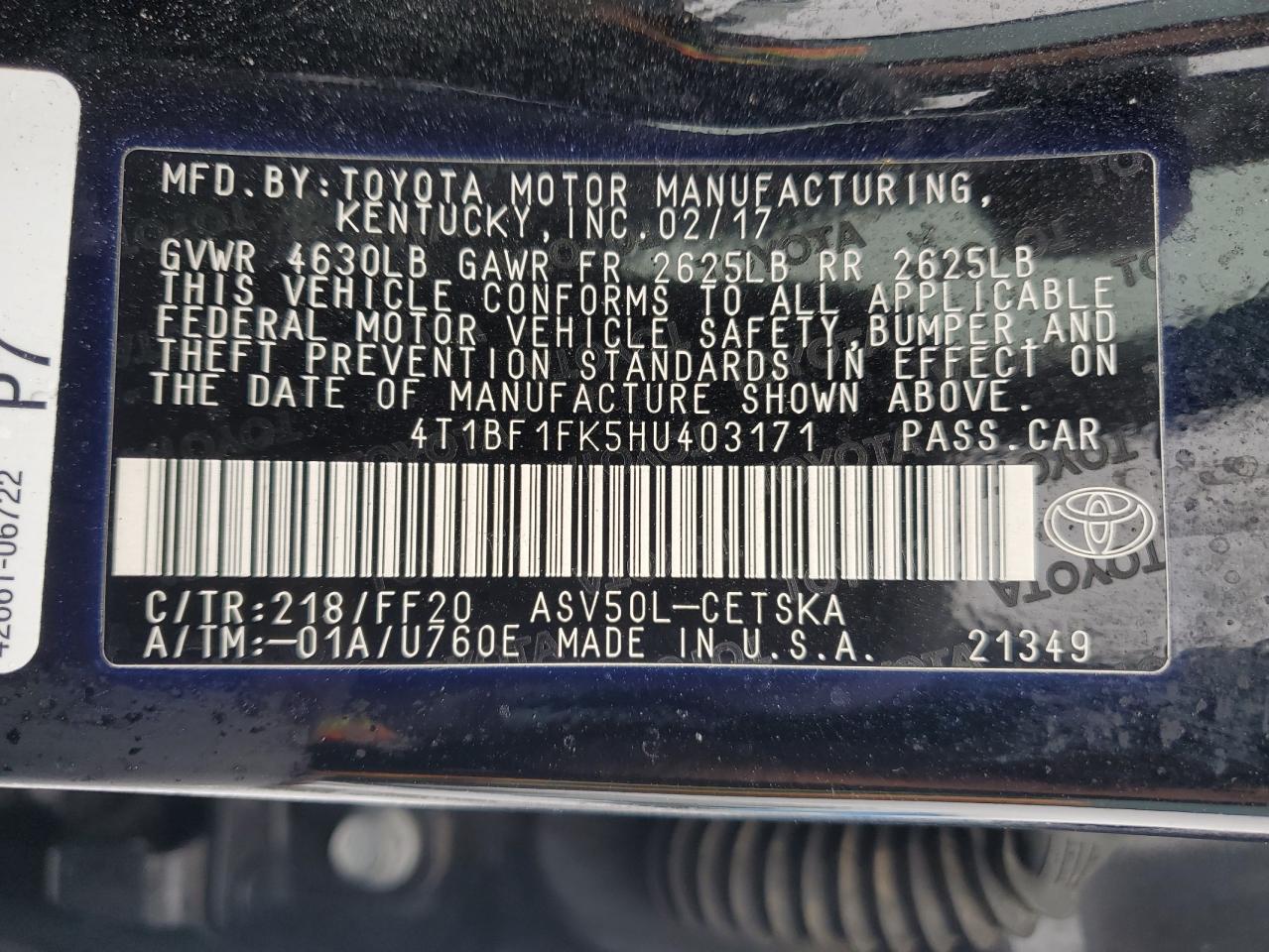 VIN 4T1BF1FK5HU403171 2017 TOYOTA CAMRY no.12