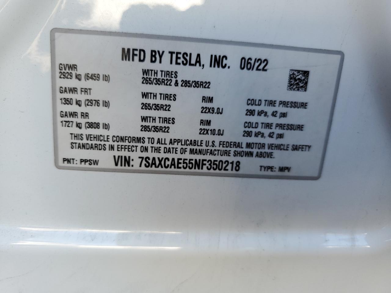 2022 Tesla Model X VIN: 7SAXCAE55NF350218 Lot: 78998214