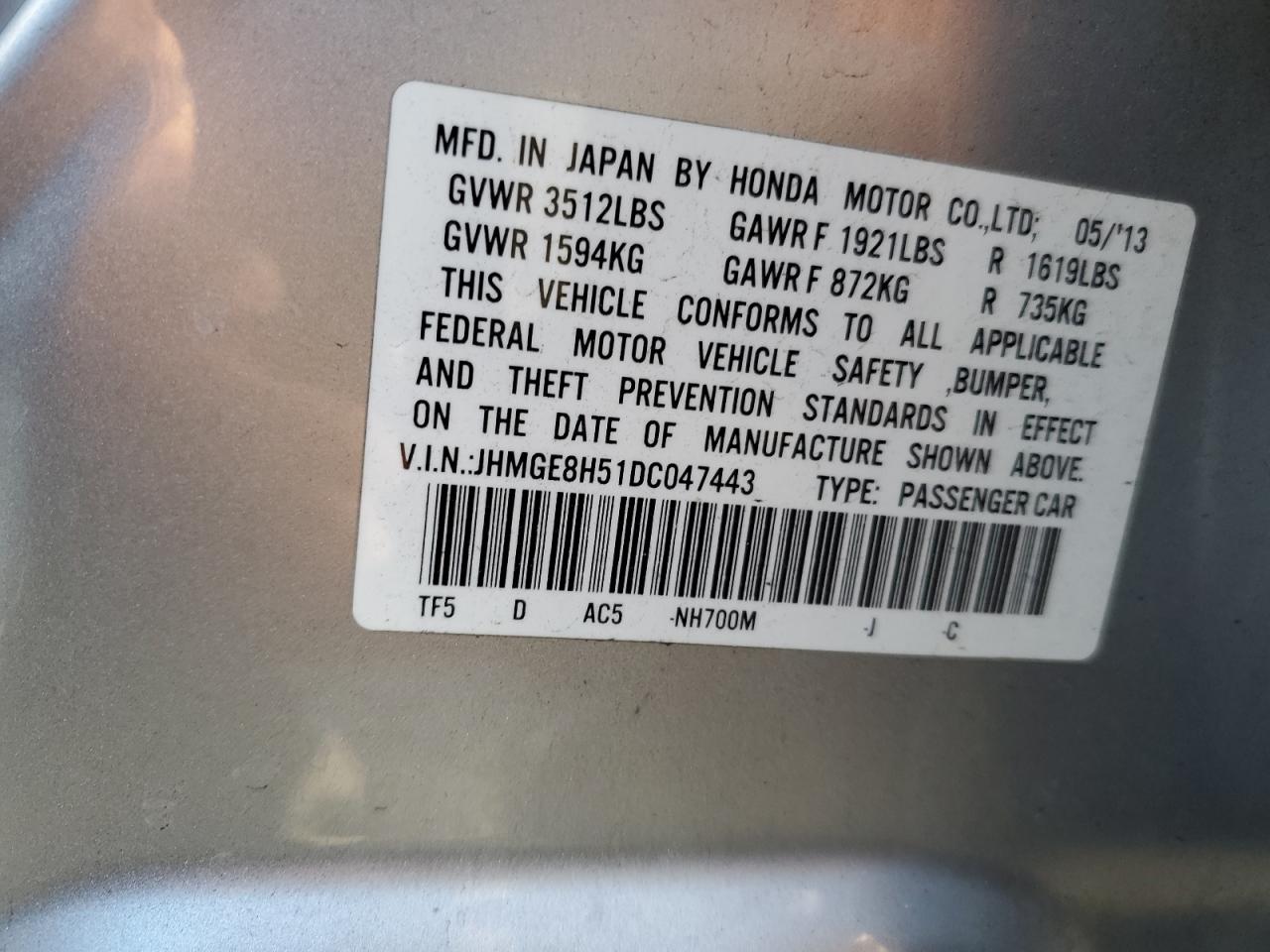 VIN JHMGE8H51DC047443 2013 HONDA FIT no.12