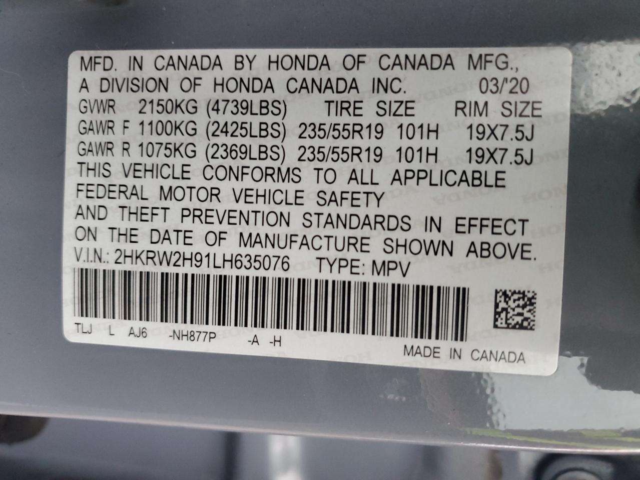 2020 Honda Cr-V Touring VIN: 2HKRW2H91LH635076 Lot: 81978344