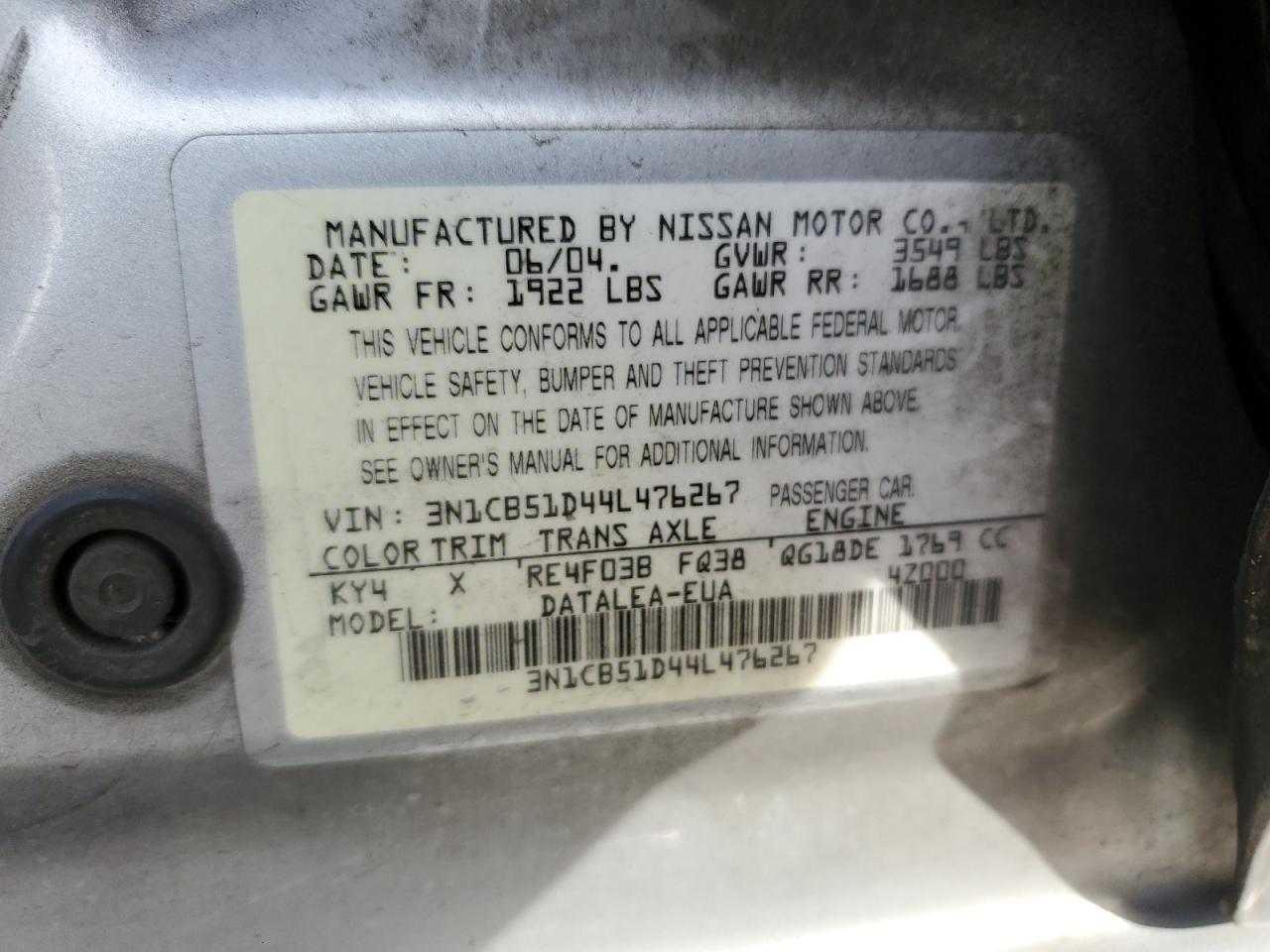 2004 Nissan Sentra 1.8 VIN: 3N1CB51D44L476267 Lot: 80428474