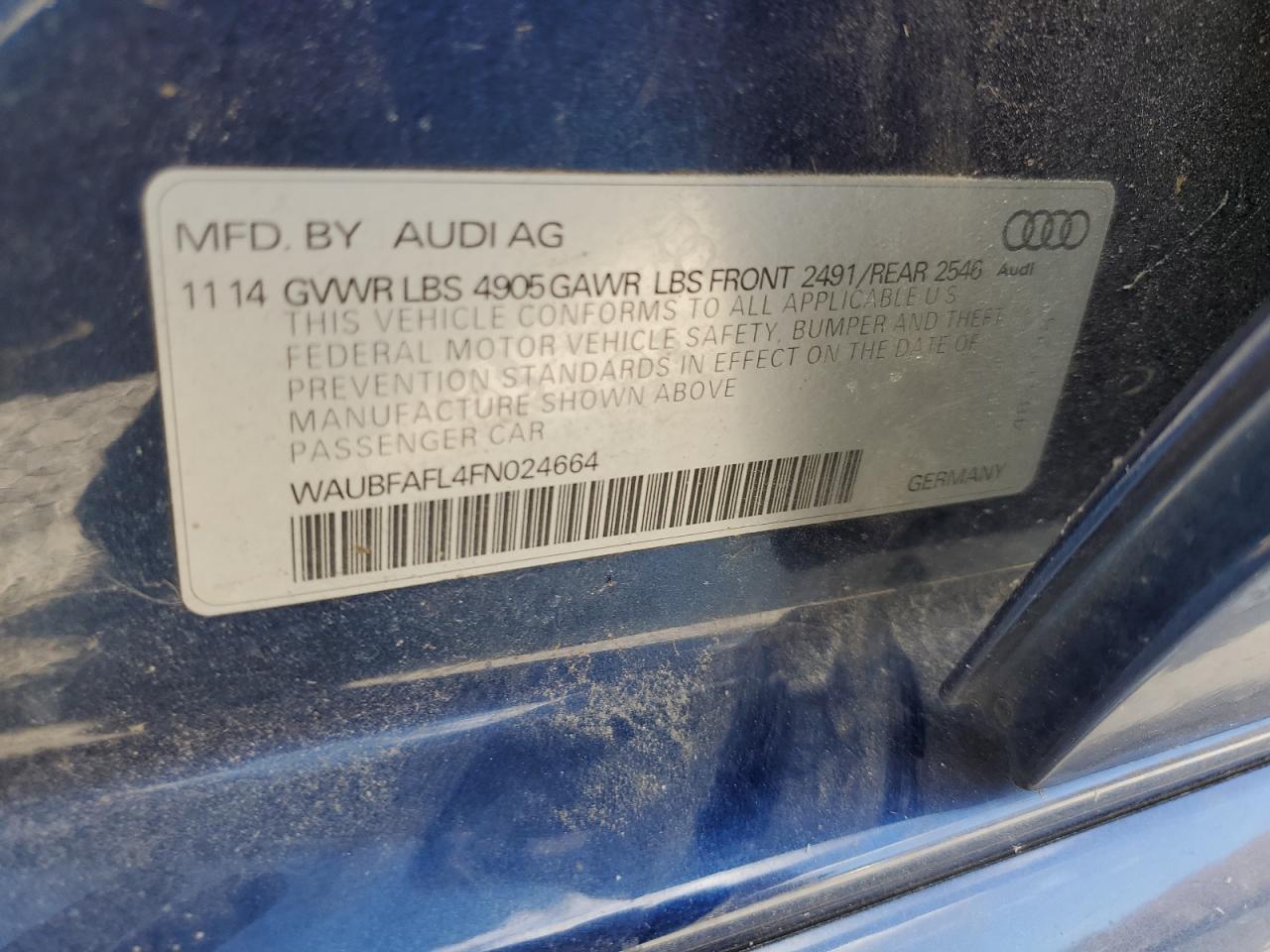 2015 Audi A4 Premium VIN: WAUBFAFL4FN024664 Lot: 79264534