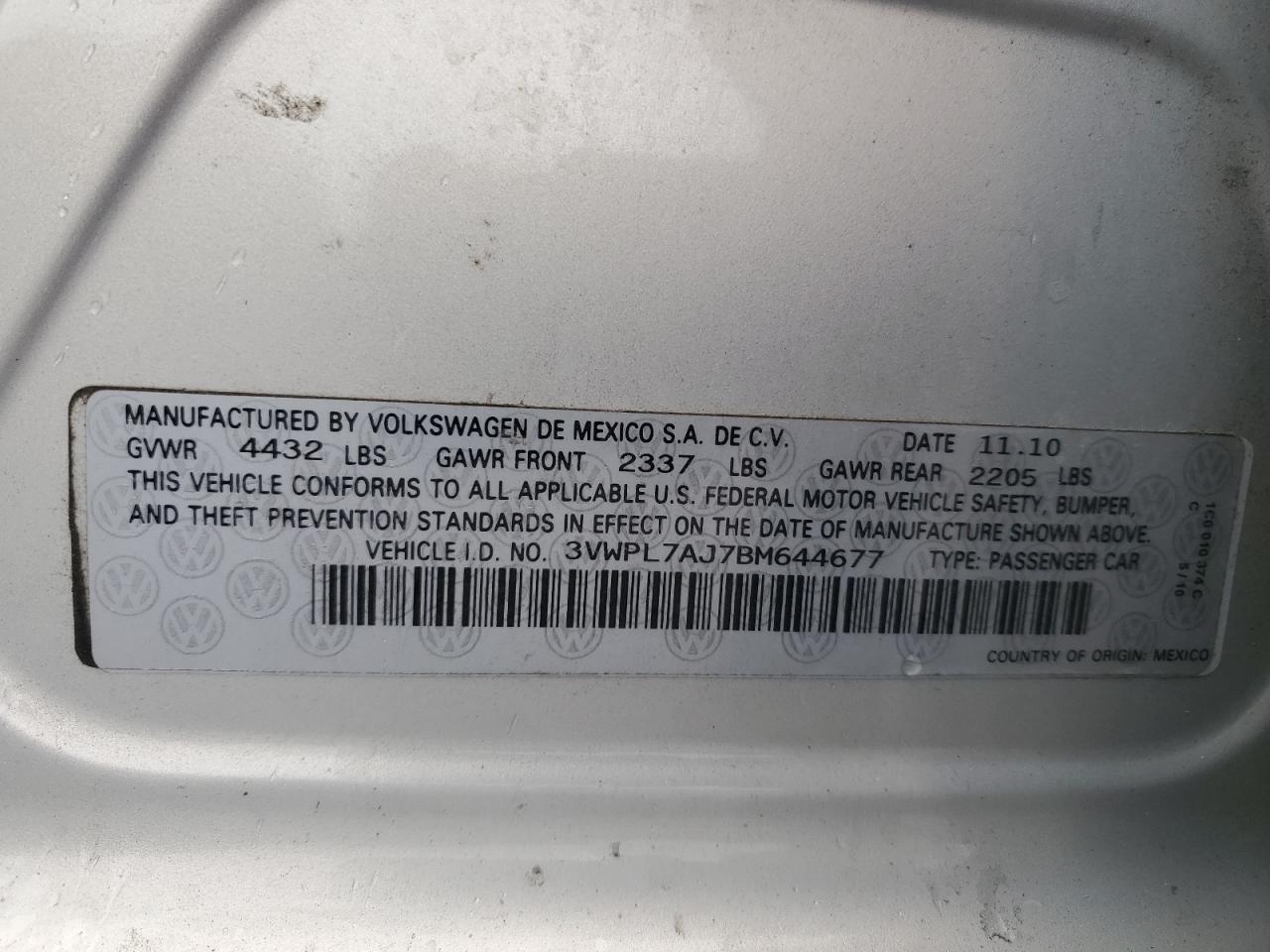 2011 Volkswagen Jetta Tdi VIN: 3VWPL7AJ7BM644677 Lot: 78903704