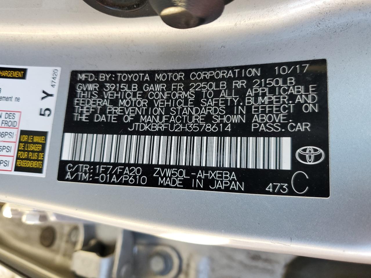 VIN JTDKBRFU2H3578614 2017 TOYOTA PRIUS no.12