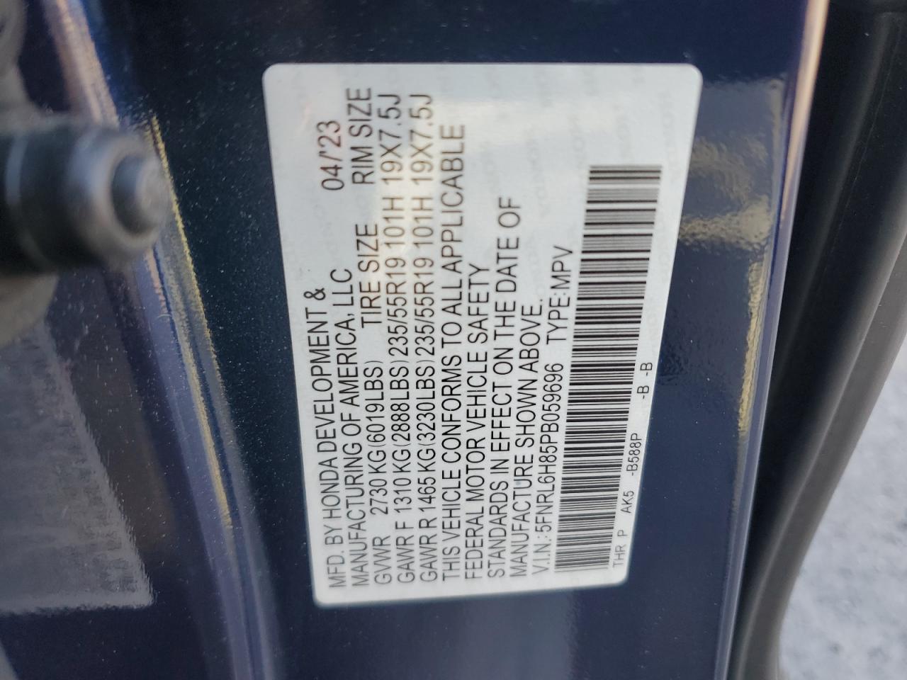 2023 Honda Odyssey Touring VIN: 5FNRL6H85PB059696 Lot: 80413684