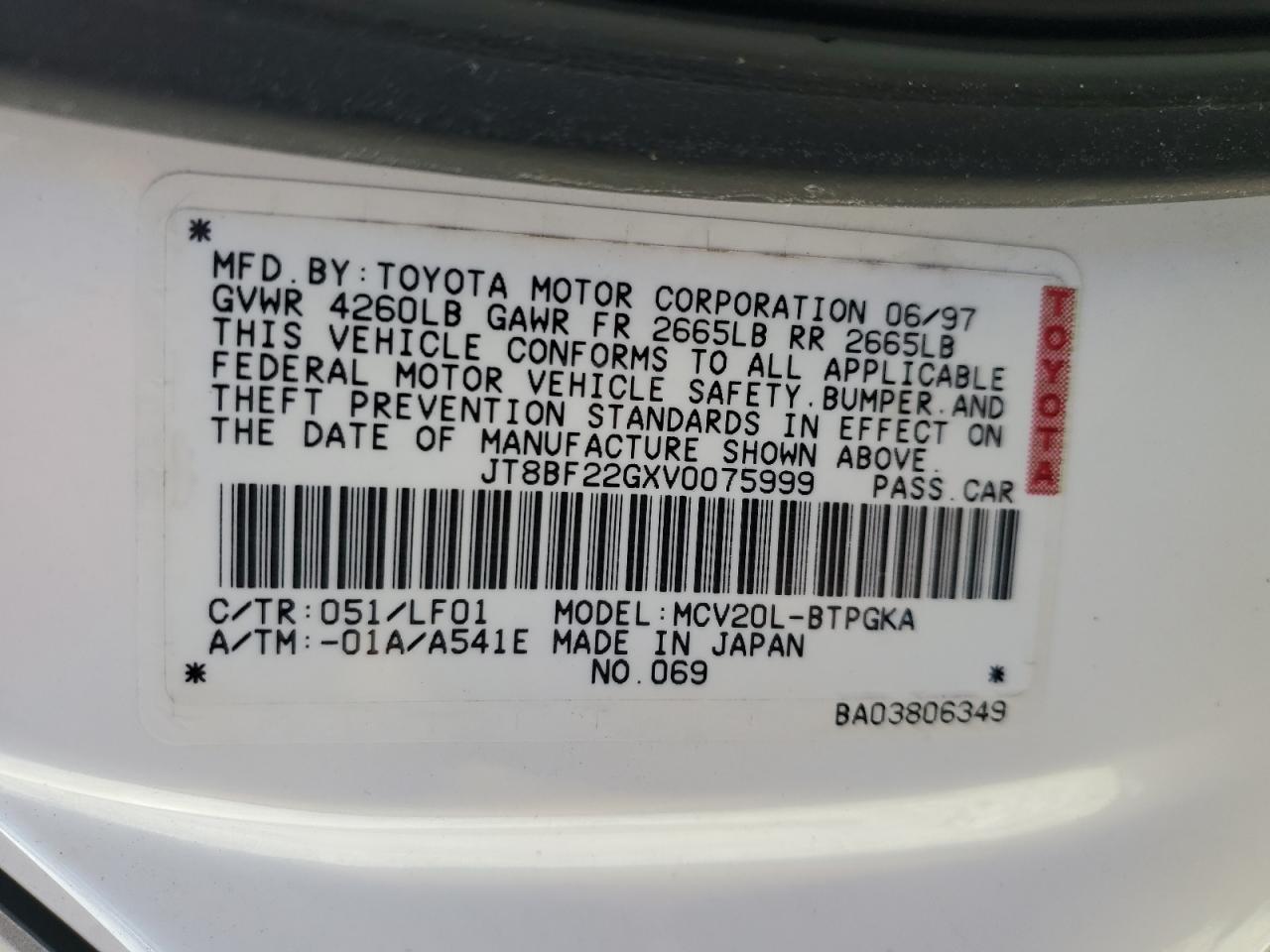 1997 Lexus Es 300 VIN: JT8BF22GXV0075999 Lot: 81456074